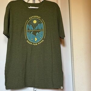 cotopaxi Olive Green Tee with Yellow & Blue Graphic